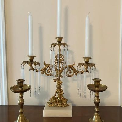 Gilt Cast Metal Boy and Dog Girandole Candelabra, Brass Candle Holders, & Brass Letter Opener