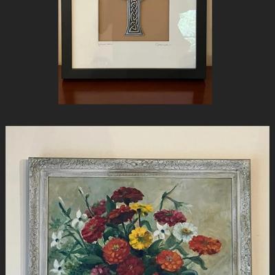Marie Lasher-Muirhead Signed Canvas Painting & Cynthia Webb Designs Pewter Celtic Cross Wall Plaque