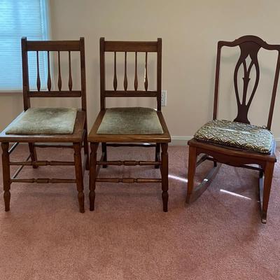 Vintage Sewing Rocker and 2 Wooden Spindle Back Chairs