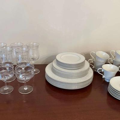 Pickard Brocade China Set (Serves 6) and Lenox Moonspun Hand Etched Crystal Stemware 