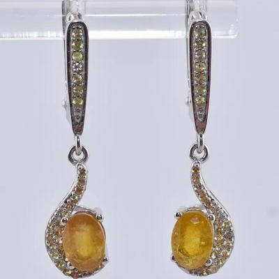Sterling Silver 2.4 Carat Natural Oval Yellow Sapphire Dangle Earrings