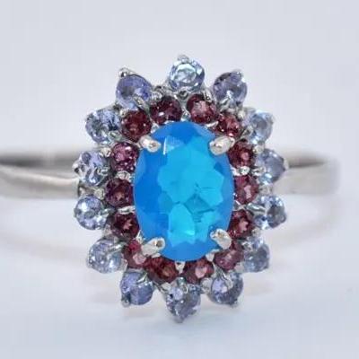 Sterling Silver Natural Oval Blue Opal, Tanzanite & Rhodolite Garnet - Possibly Treated