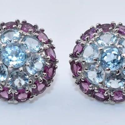 Sterling Silver Natural Topaz & Rhodolite Garnet Cluster Earrings - VVS to IF