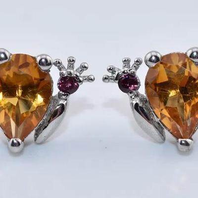 Sterling Silver Natural Unheated Pear Citrine & Rhodolite Garnet Frog Stud Earrings - VVS to IF