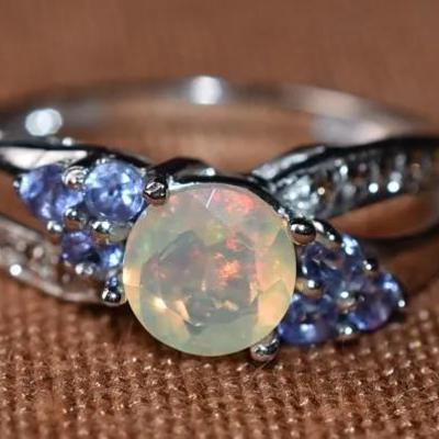 Sterling Silver Natural Unheated Round Fire Opal & Tanzanite Ring