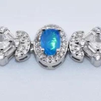 Sterling Silver Natural Blue Opal Bracelet - Possibly Treated