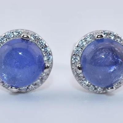 Sterling Silver 3.2 TCW Natural Unheated Tanzanite Cabochon Stud Earrings