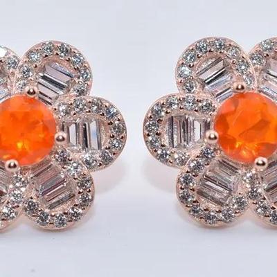 Sterling Silver Rose Vermeil Natural Orange Opal Floral Earrings - Possibly Treated
