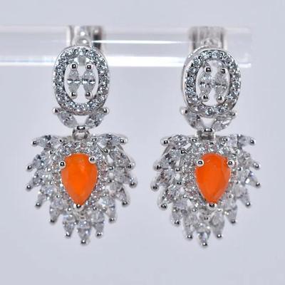 Sterling Silver Natural Pear Orange Opal Drop Earrings - Possibly Treated
