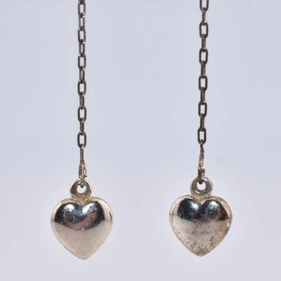 Sterling Silver Long Puffed Heart Earrings