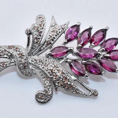 Sterling Silver 4 TCW Natural Unheated Marquis Rhodolite Garnet Brooch