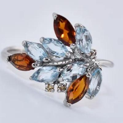 Sterling Silver Natural Unheated Blue Topaz, Garnet & Sapphire Ring - VVS to IF