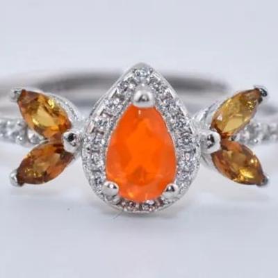Sterling Silver Natural Pear Orange Opal & Citrine Ring - Possibly Treated