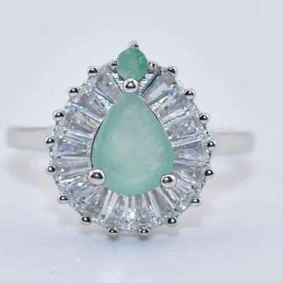 Sterling Silver 1 Carat Natural Unheated Pear Emerald Ring