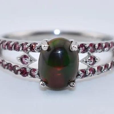 Sterling Silver Natural Black Opal & Rhodolite Garnet Cabohon Ring - Possibly Treated