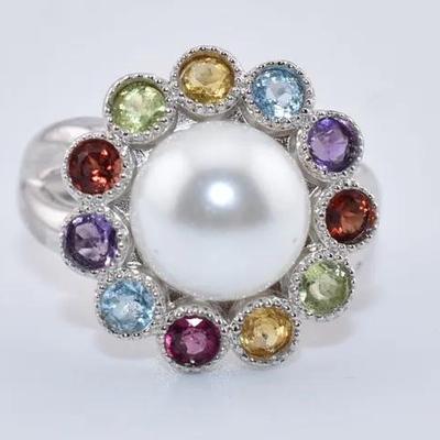 Sterling Silver 9.5mm Pearl, Natural Unheated Citrine, Amethyst, Garnet, Peridot & Topaz Ring - VVS+