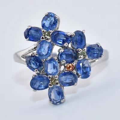 Sterling Silver Natural Unheated Kyanite, Peridot & Sapphire Floral Ring - VVS to IF