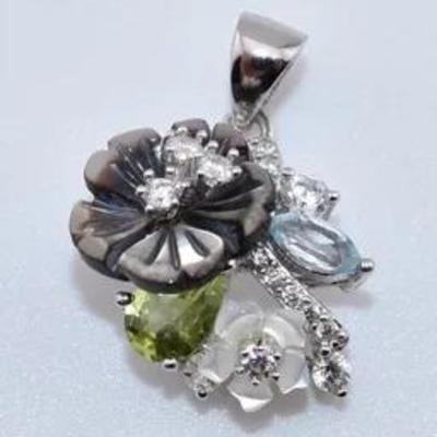 Sterling Silver Mother of Pearl & Natural Unheated Peridot Floral Pendant - VVS to IF