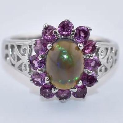 Sterling Silver Natural Black Opal & Rhodolite Garnet Cabochon Ring - Possibly Treated