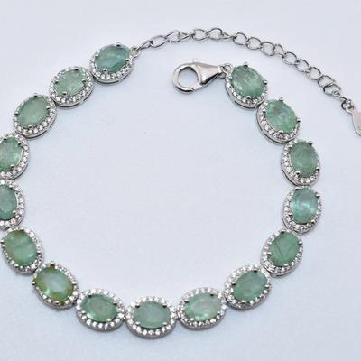 Sterling Silver 8 TCW Natural Unheated Oval Emerald Bracelet