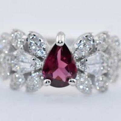 Sterling Silver Natural Unheated Pear Rhodolite Garnet Ring - VVS to IF