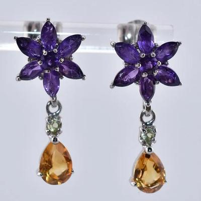 Sterling Silver Natural Unheated Amethyst, Citrine & Peridot Floral Dangle Earrings - VVS to IF