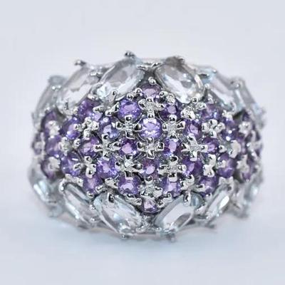 Sterling Silver Natural Unheated Aquamarine & Amethyst Ring