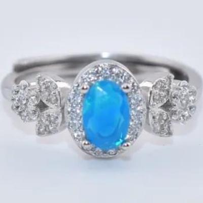 Sterling Silver Natural Oval Blue Opal Ring - Possibly Treated