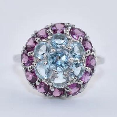 Sterling Silver Natural Blue Topaz & Rhodolite Garnet Ring - VVS to IF