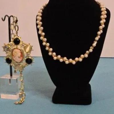 Amedeo Gold Toned Cameo Bracelet With A Faux Pearl Gold Toned Necklace
