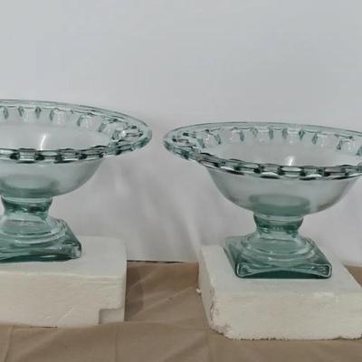 Set of 2 Spanish Vintage green recycled glass pedestal fruit bowls.