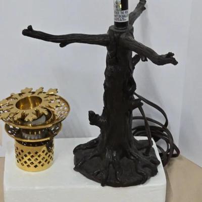 Brass Candle Holders And A Resin Table Lamp Shaped As A Tree
