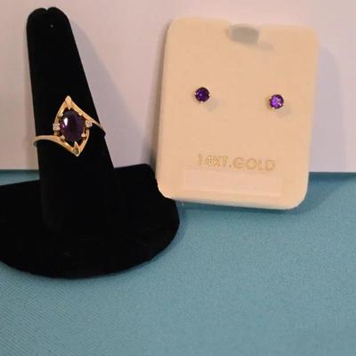 14K Yellow Gold Amethyst Earring Studs With An Amethyst Gold Ring 