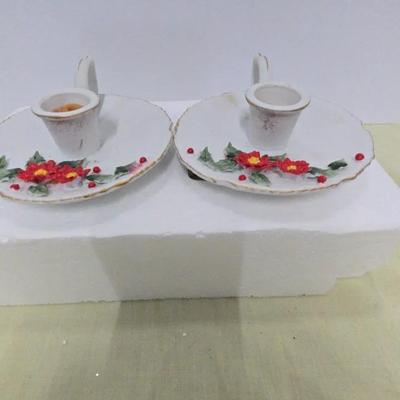 A set of vintage Lefton Ceramic Candle Holders with a holly berry design. 