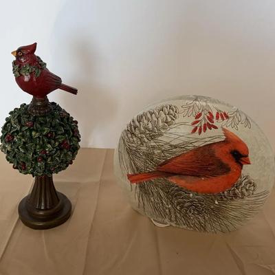 Cardinal Lighted Glass Globe And A Cardinal Holly Ball Topiary