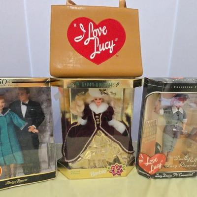 Barbie dolls & I Love Lucy doll and purse.