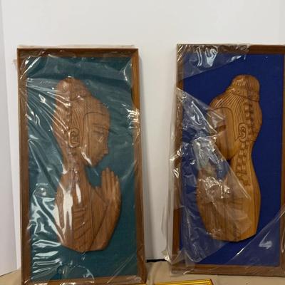 Pictures Of Mid Century Carved Wood Females And Two Pieces Of Art Made From Pressed Flowers