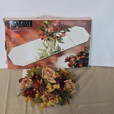 Three Piece Beveled Mirror Set And Decorative Flowers