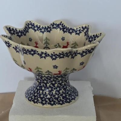 A Vintage Polish Pottery Pedestal Bowl