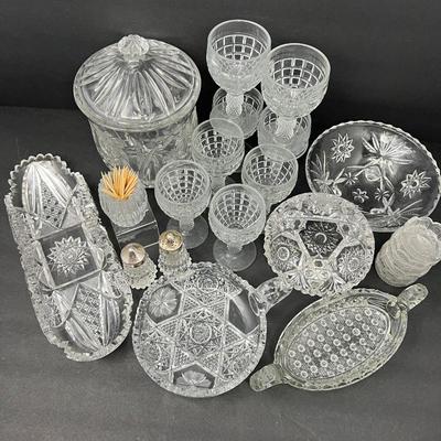  Vintage Clear Brilliant Cut Glass Serving Pieces, Imperial Glass, Heisey Victorian Cordial Set