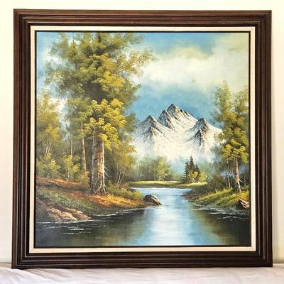 Vintage Large Mountain Landscape Oil Painting 42x42 Snow Peaks River Forest - No Signature