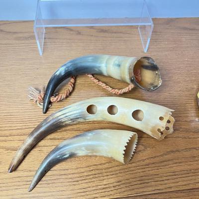 Vintage Set of 3 Animal Horns with Carved Holes and Twisted Rope Handle