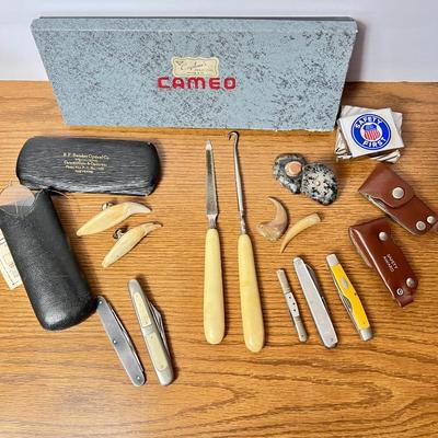  Various Antique and Vintage Lot- Sinclair Optical Co. Cases, Safety Award Knives, Bone Handled Utility Items & more