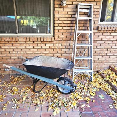  Garden Lot - Vintage Sturdy Steel w/ Wood Handled Wheelbarrow Plus a Six Foot Aluminum Ladder