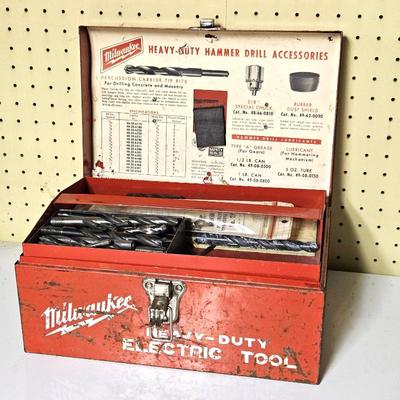 Vintage Milwaukee Tool Chest with Electric Drill and Drill Bits Included