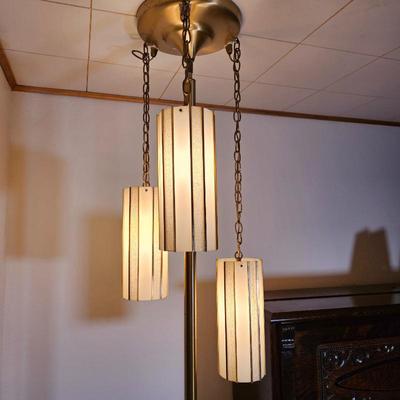  Vintage Mid-Century Modern Brass Pole Light Fixture w/ 3 Hanging Plastic Shades – Retro Atomic Style