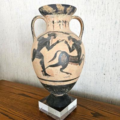 Antique-Style Greek Black-Figure Clay Vase – Warrior & Horse Scene, 19" Tall w/ Stand
