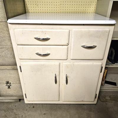  Mid Century White Metal & Wood Storage Cabinet w/ Chrome Handles 30.5"W