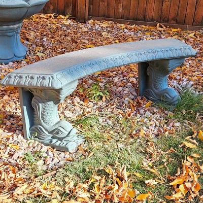 Concrete Three Piece Outdoor Garden Curved Bench with Fish Themed Legs