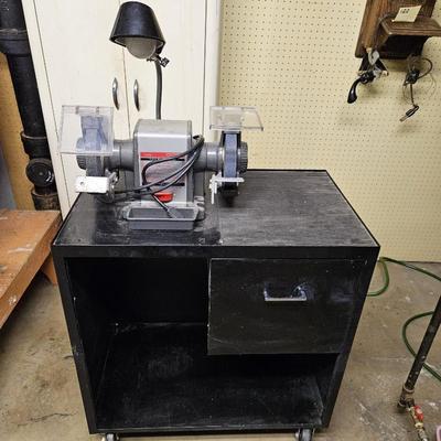 Vintage Sears Craftsman 1/2 HP Bench Grinder Model 397.19440 on Rolling Black Metal Workbench